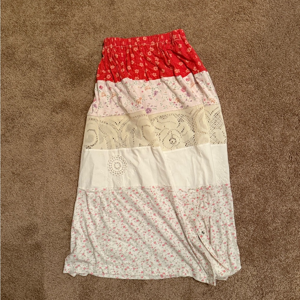 Bohemian Patchwork Midi Skirt - Red, Cream, White